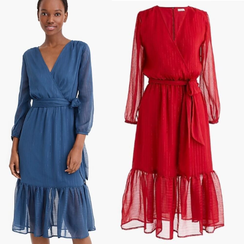 J. Crew Point Sur Faux-Wrap Dress 2 Red in Lurex Crinkle Chiffon Ruffle Hem
